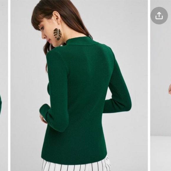 Emerald Green Ribbed Knit Mock Neck Sweater Top - Picture 3 of 6
